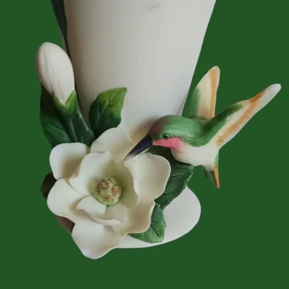 Vase with 3d hummingbird and a flower cottage decor cream & green colors